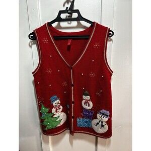 Women’s Snowman Theme Button Up Ugly Christmas Sweater Vest Women’s Small
